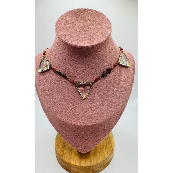 Antique Czech Glass Necklace – Clear Faceted Triangular Crystals with Red Beads - Picture 1 of 2